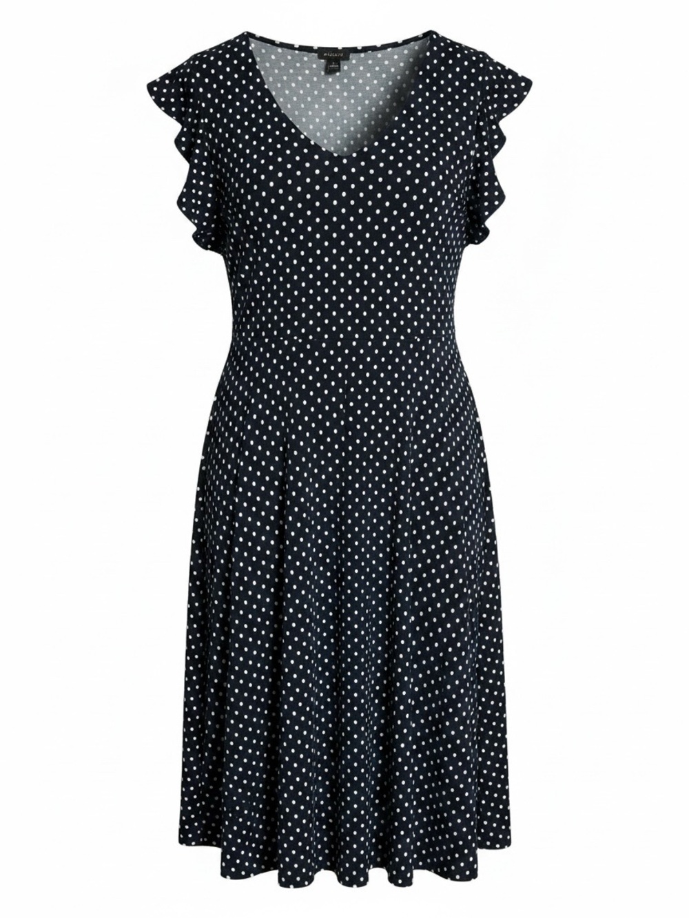 Ann Taylor Factory Navy Polka Dot Blue V-Neck Flutter Short Sleeve A-Line Dress - Picture 3 of 10